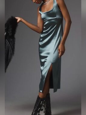 Maeve by Anthropologie Dark Green Satin Midi Dress, Size M, Sleek Evening Wear